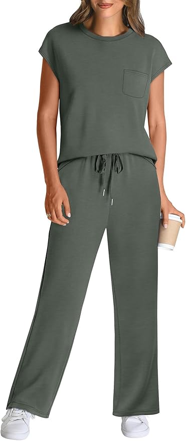 WIHOLL 2 Piece Sets for Women Casual Summer Travel Vacation Outfits Cap Sleeve Lounge Set