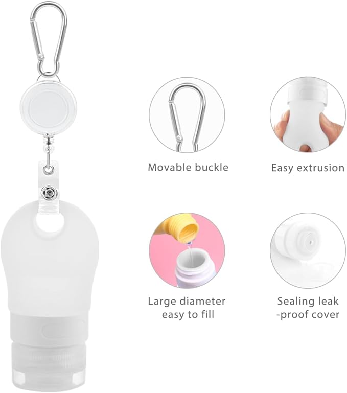 LUEXBOX 4 PACK Portable Travel Bottle Set, Leakproof Silicone Bottles with Stretchable Lanyard, Travel Sized Empty Liquid Bottles Container, Reusable, Squeezable and Refillable (White)