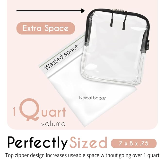 BORSALI TSA Approved Toiletry Bag - Clear Quart Size for 3-1-1 LIquids for Carry On Travel - Toiletries Organizer - Cosmetic Pouch with Zipper - Travel Accessories - Black With Handle