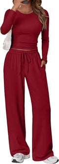 Trendy Queen Women's 2 Piece Matching Lounge Set Long Sleeve Side Ruching Top Wide Leg Drawstring Pants Set with Pockets