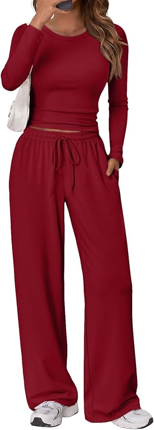 Trendy Queen Women's 2 Piece Matching Lounge Set Long Sleeve Side Ruching Top Wide Leg Drawstring Pants Set with Pockets