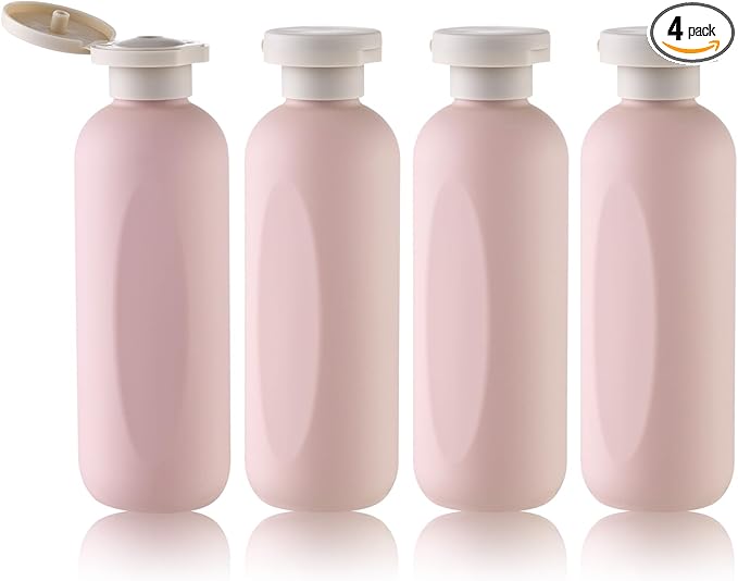 Empty Shampoo Bottles 6.7oz - Large Size Refillable Plastic Liquids Toiletry Containers - Empty Leak Proof Lotion Toiletries Dispenser - Pink Flip Cap Top Body Wash and Cosmetic Set 4 Pack