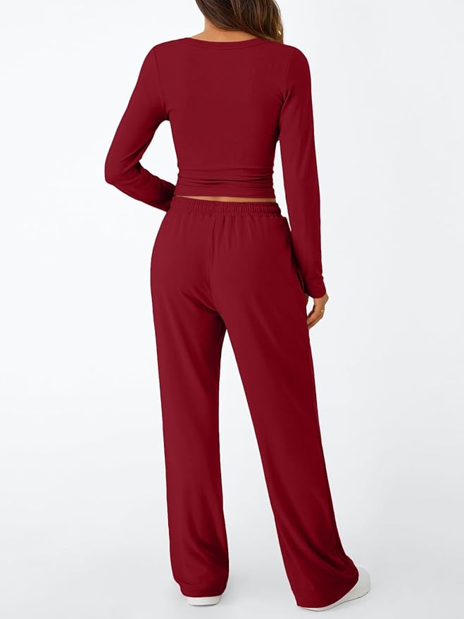 Trendy Queen Women's 2 Piece Matching Lounge Set Long Sleeve Side Ruching Top Wide Leg Drawstring Pants Set with Pockets