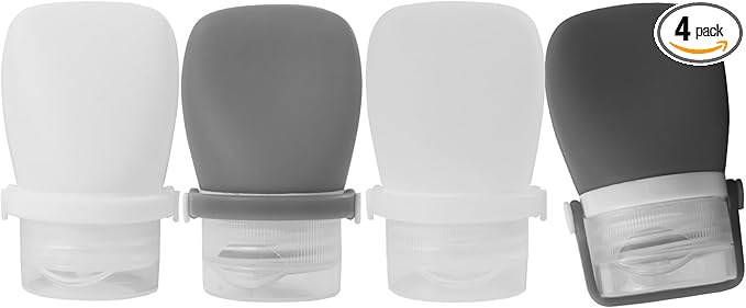 1oz Travel Bottles for Toiletries, Silicone Leak-Proof TSA Approved Travel Size Containers (4-Pack) - Reusable Refillable Bottles for Shampoo, Body Wash, Lotion (White Grey)