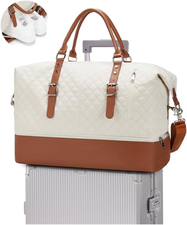 Travel Duffel Bag, Weekender Overnight Bag for Women with Trolley Sleeve, Carry On Bag for Airplanes Sport Tote Gym Bag with Shoes Compartment.(Beige)