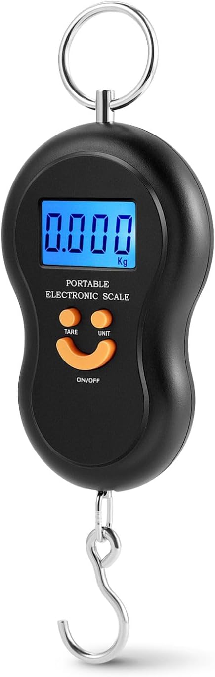 Flexzion Digital Hanging Scale – 110lb/50kg Portable Luggage Scale, and Fish Scale with Electronic Backlight LCD, Stainless Steel Hook, 2 AAA Included