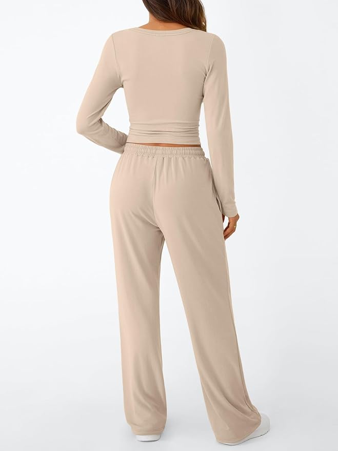 Trendy Queen Women's 2 Piece Matching Lounge Set Long Sleeve Side Ruching Top Wide Leg Drawstring Pants Set with Pockets