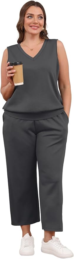 WIHOLL Two Piece Set for Women Summer Outfits Vacation Trendy Lounge Sets V Neck Matching Sets