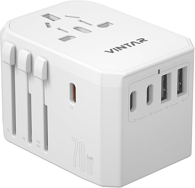 Universal Travel Adapter, VINTAR 70W GaN International Power Adapter with 5 USB Ports (3 USB-C), Worldwide Travel Plug Adaptor, All in One Travel Essentials Outlet Converter for UK/EU/USA/AUS, White