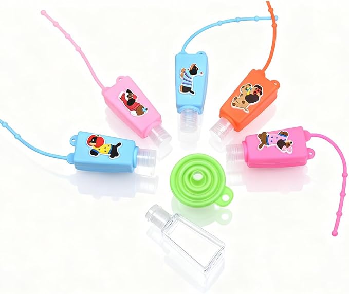5-Pack Cartoon Kids Hand Sanitizer Holder, 30ml Travel Size Refillable Bottles with Silicone Case, Leak-Proof Portable Containers for Lotion & Liquid Soap (Cool Pup)