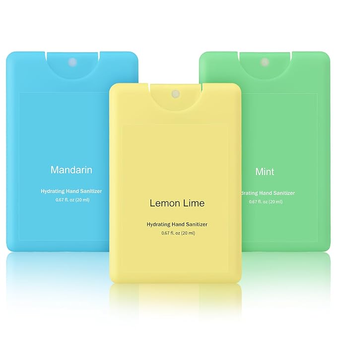 Set of 3 Power Mist Hydrating Hand Sanitizer Spray Bulk Travel Size Effective Hand Sanitizer 0.67 Fl. oz Compact Card Spray Bottle Mint Mandarin Lemon Lime Scent for Backpack Bathroom Baskets