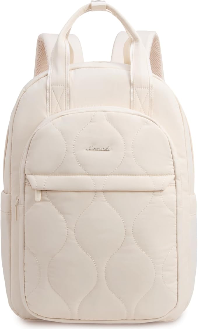 LOVEVOOK Laptop Backpack for Women, College Travel Backpack Puffer Womens Backpack for 17.3 Inch Laptop, Computer Water-Resistant Quilted Casual Daypack, Beige