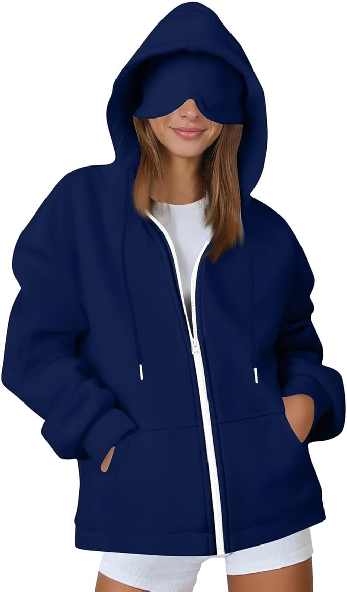 Travel Hoodie for Women Mens with Built In Eye Mask Hidden Pockets Airplane Travel Zip Up Outfits