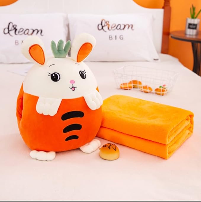 YUDONG Kids Stuffed Animal Travel Blanket and Pillow Set, Adorable 3 in 1 Multifunctional Fruit Plush Pillow with Hand Warmer Design, Perfect for Travel, Camping, Car, Home and Office (Orange)