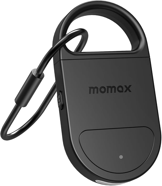 Momax Key Finder Tracker Tag – Smart Personal Alarm Rechargeable Tracking Device with SOS Alert & LED Strobe, Find My (iOS Only), Anti-Lost Tags with Keychain, Travel Gadget for Women, Girls, Black
