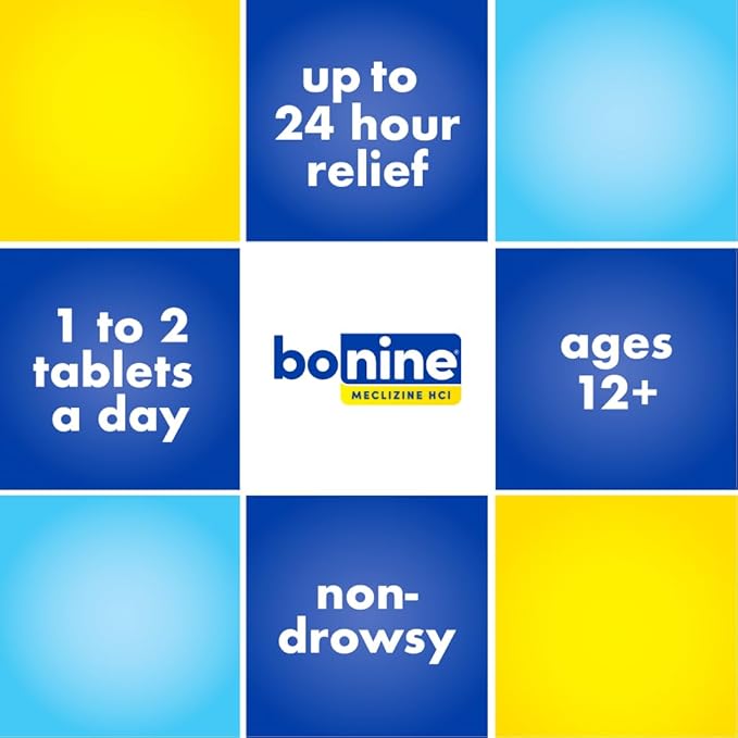 Bonine 48 ct. Non Drowsy Motion Sickness Relief, Sea Sickness, Car Sickness, Nausea, & Vomiting - Meclizine HCI 25mg, Travel-Sized - Raspberry Chewable Tablets