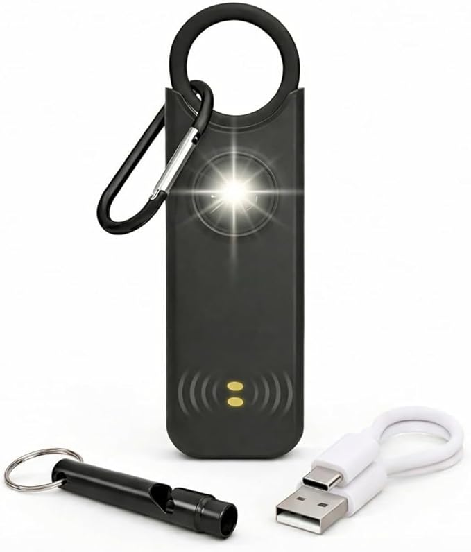 VOLTEK Personal Safety Alarm + Whistle Set for Women - Extra Loud (135 dB), LED Strobe Light, USB-C Rechargeable, Alert for Doors, Windows - Compact & Lightweight - Carabiner Included (Black)