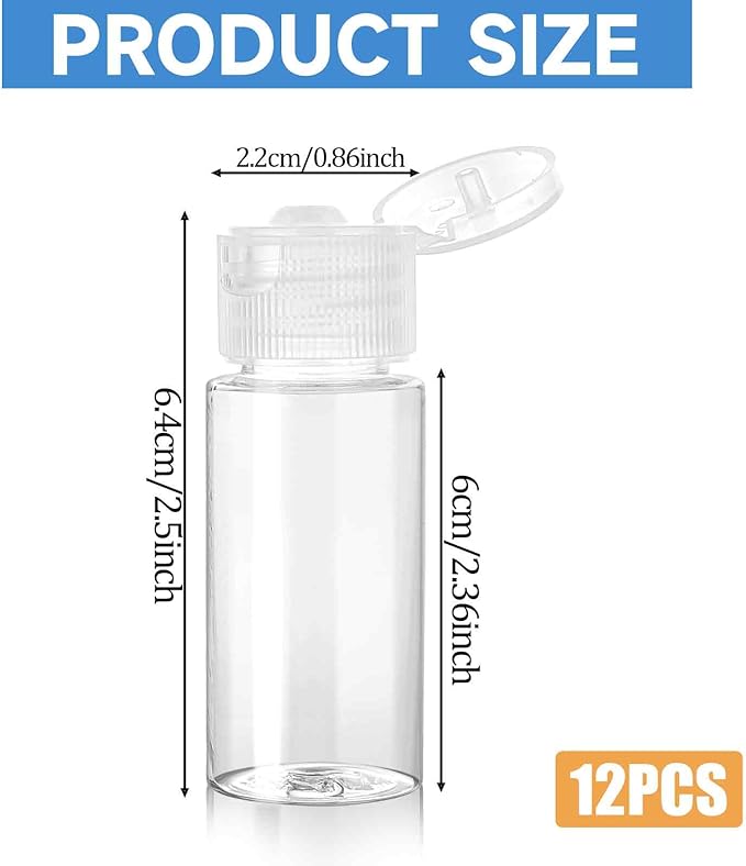 KALIONE Travel Size Make up Sample Containers, 12 Clear Plastic Mini Travel Bottles, 1/2 Oz, Leak Proof, User-Friendly, Versatile Usage for Travel Liquid Toiletries