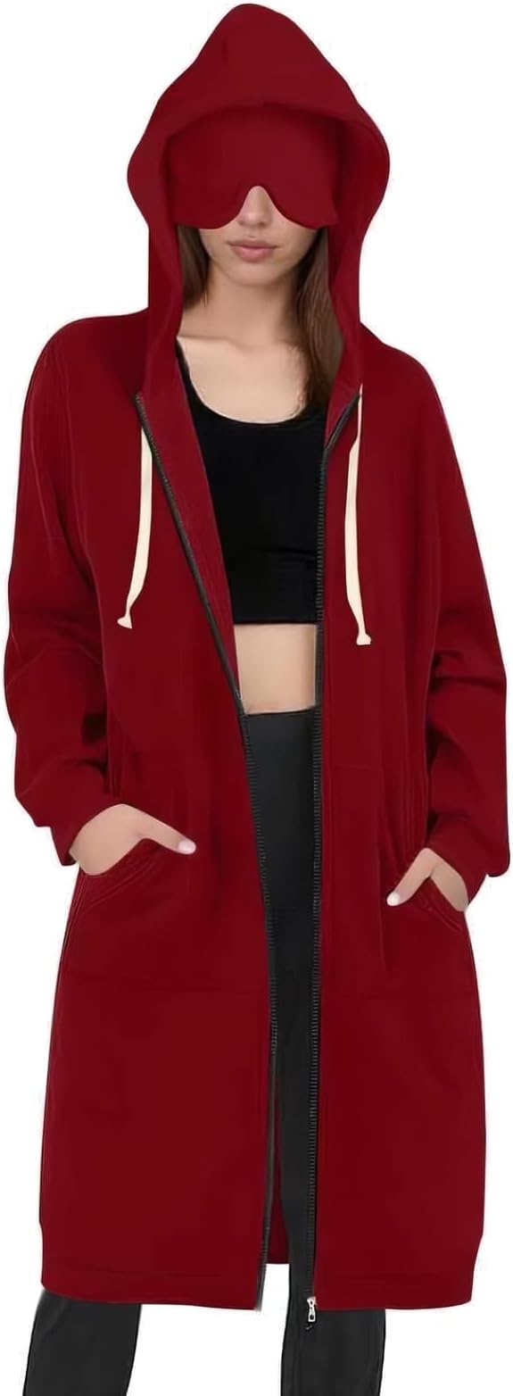 Travel Hoodie for Women Mens with Built In Eye Mask Hidden Pockets Airplane Travel Zip Up Outfits