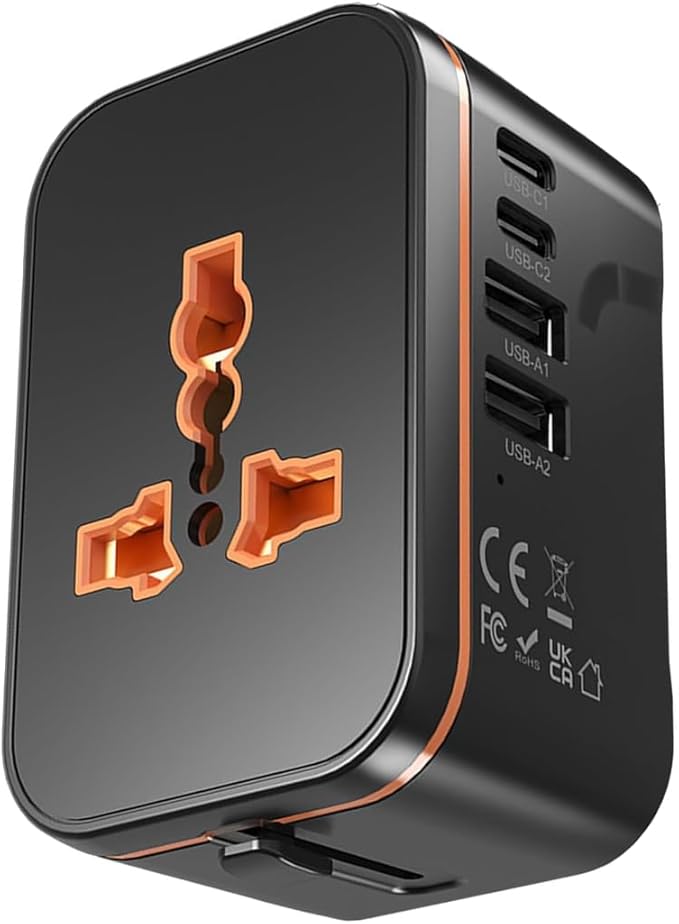 Universal Travel Adapter, Worldwide Wall Travel Plug, 2 USB C, 2 USB A and 1 Multi AC Outlets Travel Charger, International Power Adapter, European Power Plug for EU UK USA AU, Travel Essentials