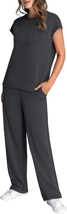 WIHOLL 2 Piece Sets for Women Casual Summer Travel Vacation Outfits Cap Sleeve Lounge Set