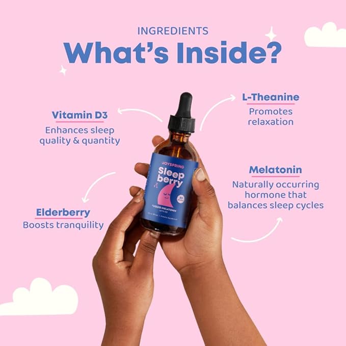 JoySpring Sleepberry Kids Melatonin 3 mg – Liquid Sleep Aid with L Theanine, High Absorption Berry Drops (2 fl oz) 60 Servings, Children's Melatonin with Vitamin D Kids Travel Essentials