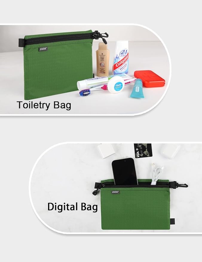 GOX Travel Toiletry Bag, Carry On Small Zipper Pouch, Cosmetic Kit Makeup, Digital Bag, Water Repellent Nylon (Blackish Green)