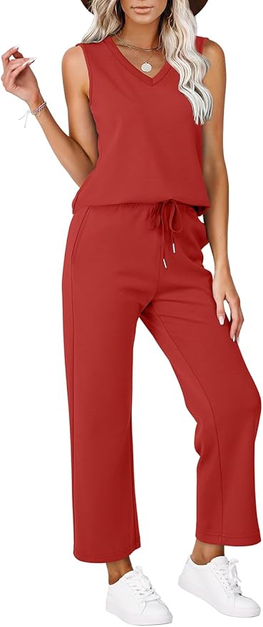 WIHOLL Two Piece Set for Women Summer Outfits Vacation Trendy Lounge Sets V Neck Matching Sets