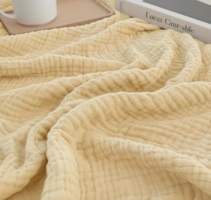 KyraHome 100% Organic Cotton Throw Blanket, 90"x90" Queen Muslin Blankets for Adults, Couch, Pre-Washed Breathable Lightweight Blanket, Coverlet, All Season (Shortbread/Creamy)