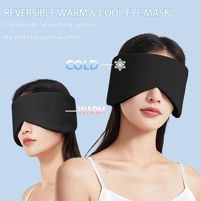 Reversible Warm & Cool Sleep Mask Wrap-Around Blackout Eye Masks for Side Sleepers Adjustable Unisex Eye Cover for Travel Office & Rest Black