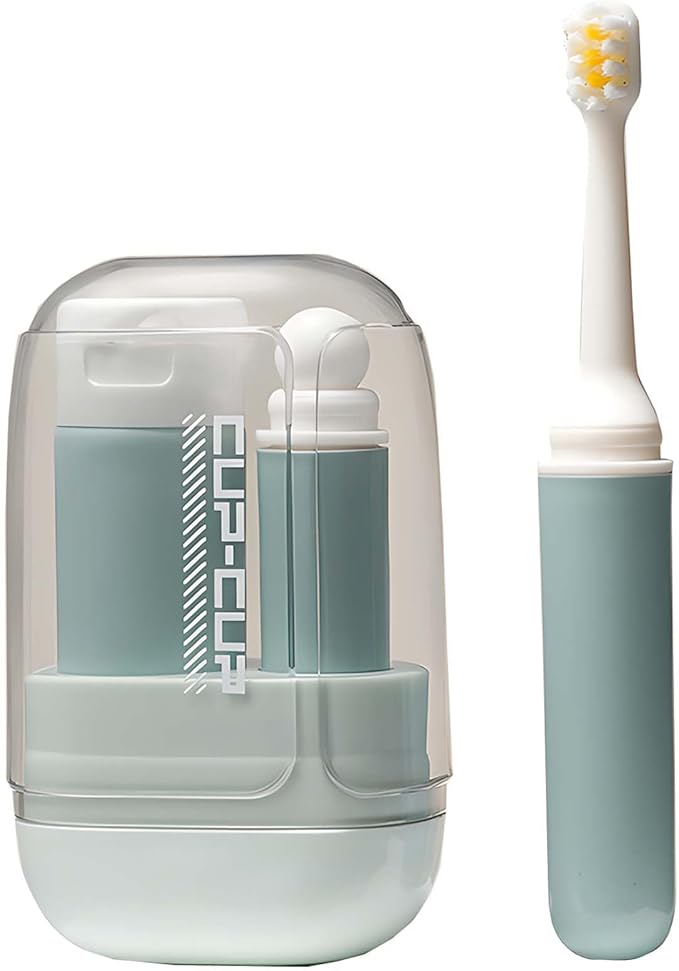3-in-1 Toothbrush Travel Case Kit - Foldable with Mouthwash Cup, Toothpaste Dispenser, Portable Tooth Brush Holder for Camping, Business Trips, and Daily Use (Blue)