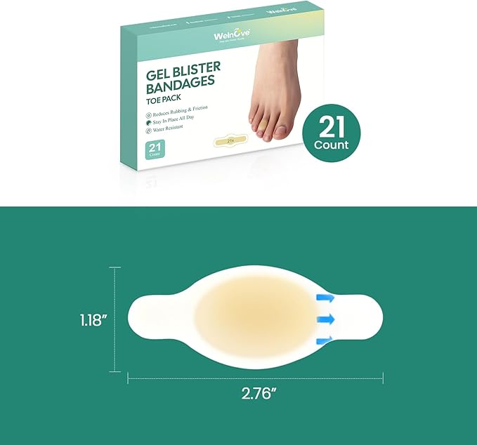 Welnove Gel Blister Bandages for Feet - 21ct Blister Cushion for Heel, Toe - Water-Resistant Hydrocolloid Bandages - Blister Pads for Prevention & Recovery (Toe Pack)