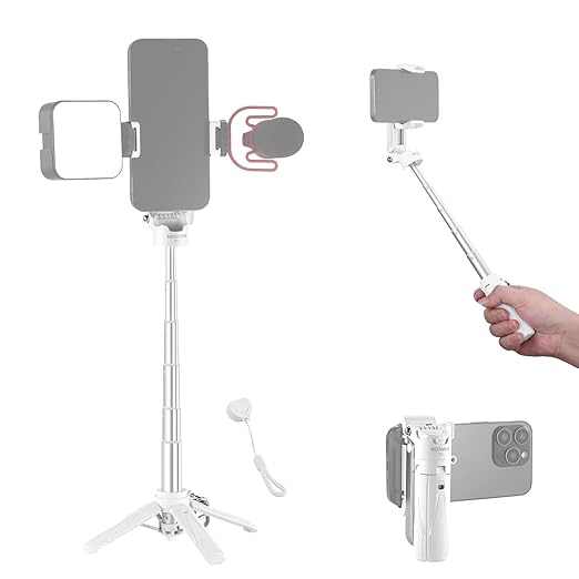 NEEWER Selfie Stick with Detachable Bluetooth Remote Shutter, Lightweight Foldable Travel Tripod for iPhone for YouTube/TikTok Vlogs Live Streaming Photography, White, P15