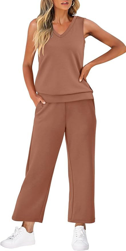 WIHOLL Two Piece Set for Women Summer Outfits Vacation Trendy Lounge Sets V Neck Matching Sets