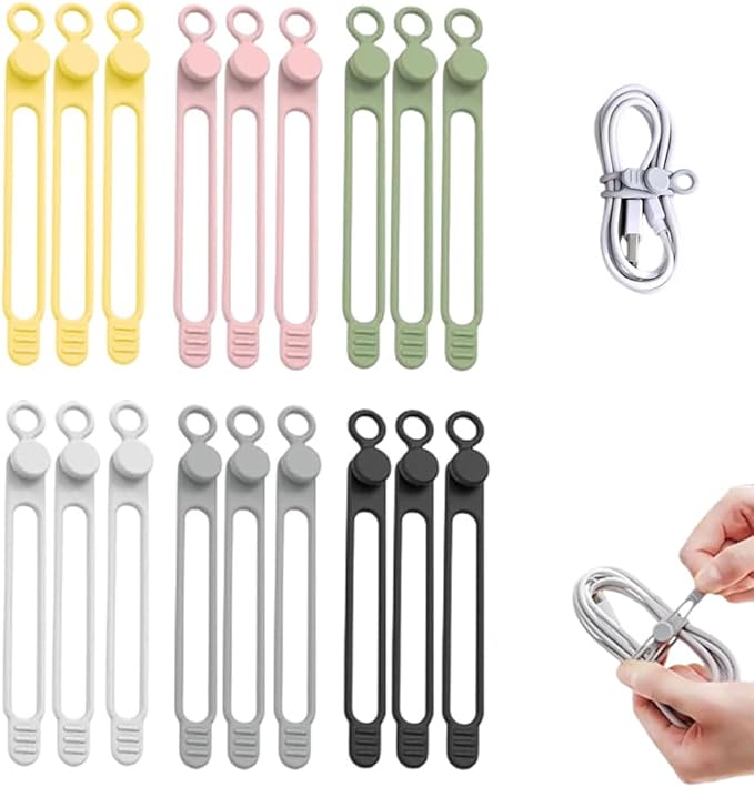 Data Cable Organizer, 2025 New Elastic Silicone Cable Straps Cord Organizer, Reusable Cable Ties Wire Organizer for Bundling and Fastening Earphone, Phone Charger (18 Pcs)