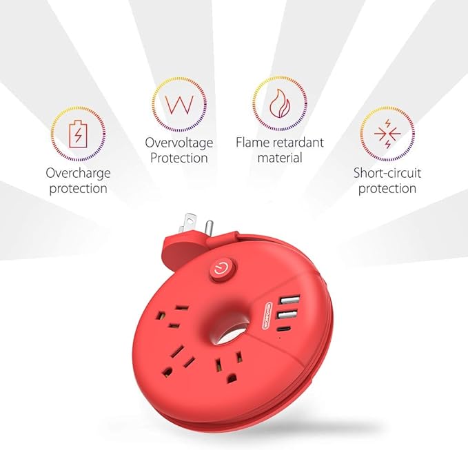 Travel Power Strip, NTONPOWER Desktop Charging Station with 3 Outlets 3 USB Short Wrapped Extension Cord 3ft for Travel, Cruise Ships, Office, Nightstand, Red
