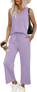 WIHOLL Two Piece Set for Women Summer Outfits Vacation Trendy Lounge Sets V Neck Matching Sets