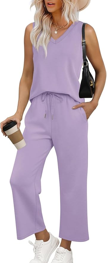WIHOLL Two Piece Set for Women Summer Outfits Vacation Trendy Lounge Sets V Neck Matching Sets