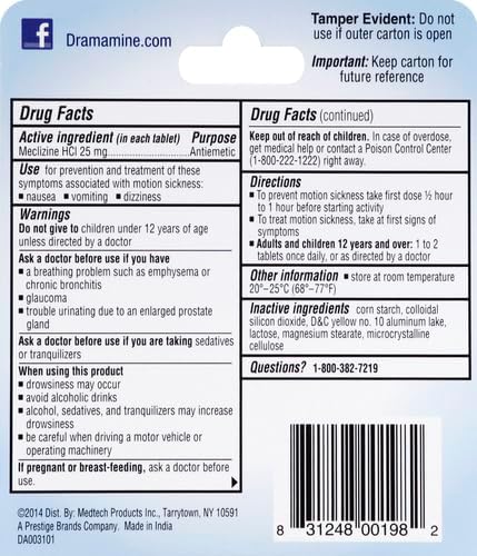 Dramamine Motion Sickness Less Drowsy, Travel Vial, Multicolor, 8 Count (Pack of 3)