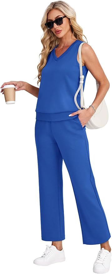 WIHOLL Two Piece Set for Women Summer Outfits Vacation Trendy Lounge Sets V Neck Matching Sets