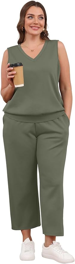 WIHOLL Two Piece Set for Women Summer Outfits Vacation Trendy Lounge Sets V Neck Matching Sets