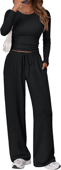 Trendy Queen Women's 2 Piece Matching Lounge Set Long Sleeve Side Ruching Top Wide Leg Drawstring Pants Set with Pockets