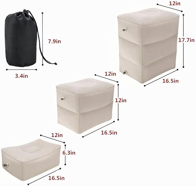Inflatable Travel Foot & Leg Rest Pillow with Adjustable Height for Airplane, Car, Bus, Train, Office, Camping and Kids to Sleep on Long Flights, Air Pump Included