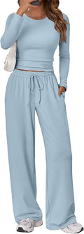 Trendy Queen Women's 2 Piece Matching Lounge Set Long Sleeve Side Ruching Top Wide Leg Drawstring Pants Set with Pockets