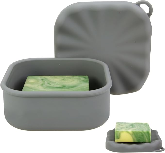 Square Travel Soap Case, Bar Soap Holder for Dr Squatch, Silicone Soap Case with Soap Saver, Portable Shampoo Bar Soap Box for Shower, Travel, Camp (Dark Gray)