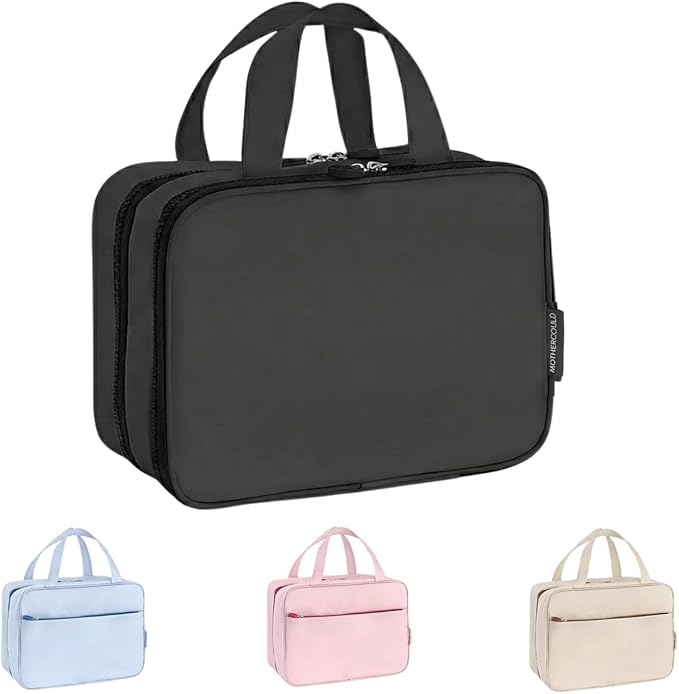 Travel Toiletry Bag for Men & Women, Large Capacity Makeup Organizer & Cosmetic Bag, Water-Resistant Portable Essentials Case with Metal Hook & Carry Handle - Perfect for Travel Use (Black, Small)