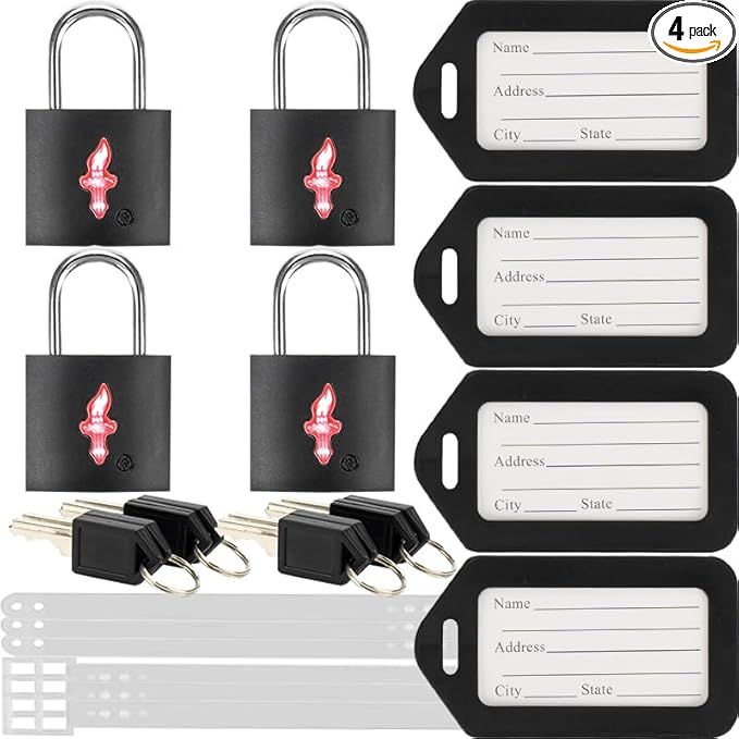 4 Pack Black TSA Luggage Locks with Key+4 Pack Travel tag, Luggage Lock TSA Approved for Backpacks, Bags and Luggage, 4 Pack Black Lock+4 Pack tag
