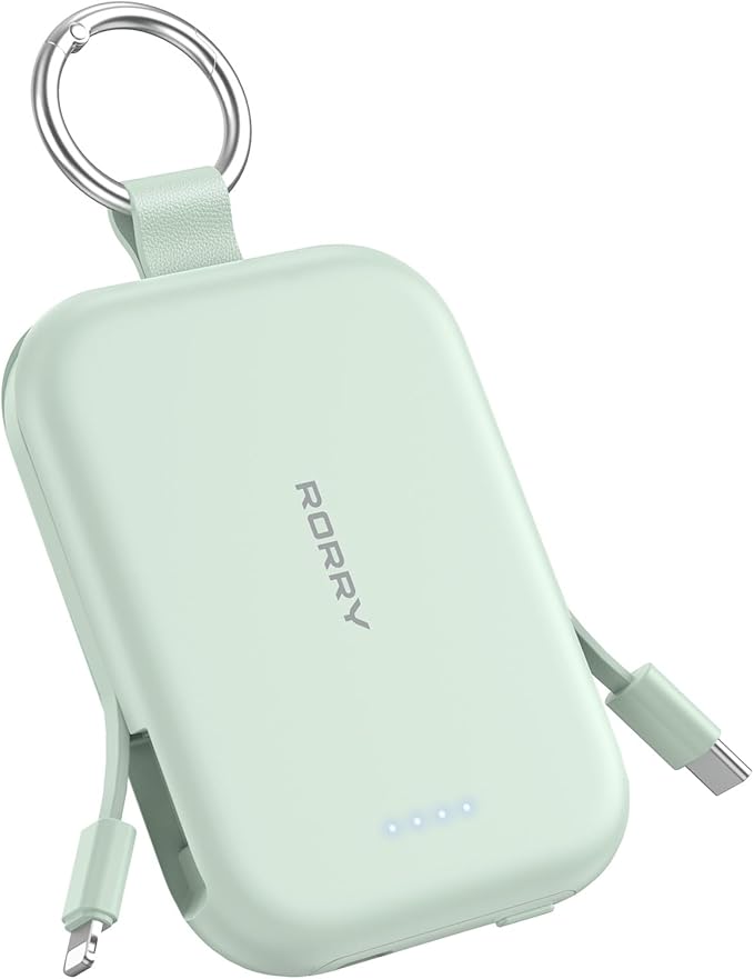 RORRY Portable Charger, 5000mAh Portable Charger Power Bank with Built-in Cables, Travel Keychain Charger Battery Pack for iPhone 17/16/15/14/13/12, for AirPods 2/3/4/Pro, Green