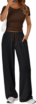 Trendy Queen 2 Piece Matching Summer Lounge Set Womens Side Ruching Top Wide Leg Pants Sets with Pockets