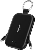 RORRY Portable Charger, 5000mAh Portable Charger Power Bank with Built-in Cables, Travel Keychain Charger Battery Pack for iPhone 17/16/15/14/13/12, for AirPods 2/3/4/Pro, Black